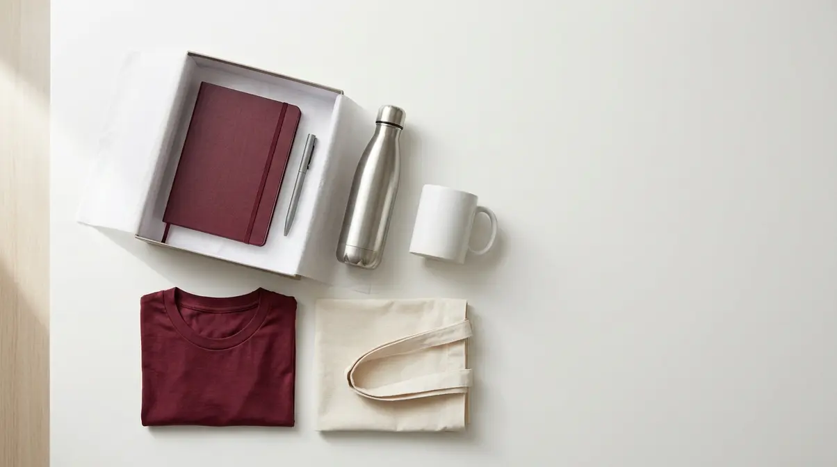 Kit de boas-vindas com caderno, caneta, garrafa térmica, caneca, camiseta e ecobag sobre mesa branca